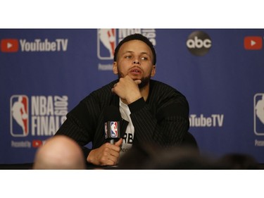 Golden State Warriors Steph Curry speaks to the media at the after game press conferences  in Toronto, Ont. on Friday May 31, 2019. Jack Boland/Toronto Sun/Postmedia Network