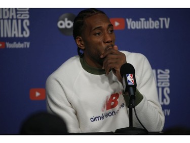 Toronto Raptors Kawhi Leonard speaks to the media at the after game press conferences  in Toronto, Ont. on Friday May 31, 2019. Jack Boland/Toronto Sun/Postmedia Network