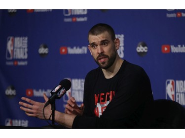 Toronto Raptors Marc Gassol speaks to the media at the after game press conferences  in Toronto, Ont. on Friday May 31, 2019. Jack Boland/Toronto Sun/Postmedia Network