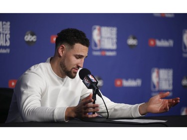 Golden State Warriors Klay Thompson speaks to the media at the after game press conferences  in Toronto, Ont. on Friday May 31, 2019. Jack Boland/Toronto Sun/Postmedia Network