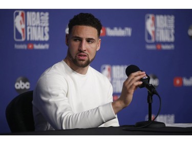 Golden State Warriors Klay Thompson speaks to the media at the after game press conferences  in Toronto, Ont. on Friday May 31, 2019. Jack Boland/Toronto Sun/Postmedia Network
