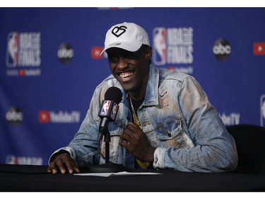 Toronto Raptors Pascal Siakim  speaks to the media at the after game press conferences  in Toronto, Ont. on Friday May 31, 2019. Jack Boland/Toronto Sun/Postmedia Network