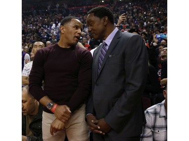 Former Raptor Damon Stoudamire speaks with Isiah Thomas  the game during the first half media in Toronto, Ont. on Thursday May 30, 2019. Jack Boland/Toronto Sun/Postmedia Network