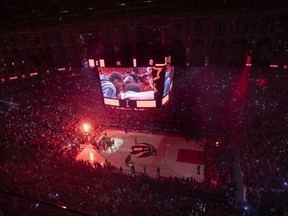 The crowd goes wild at Scotiabank Arena prior to Game 6 on Saturday. THE CANADIAN PRESS