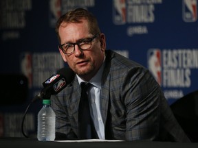 Toronto Raptors coach Nick Nurse speaks to the media after the Game 6 victory to win the Eastern Conference final in Toronto, Ont. on Sunday May 26, 2019. Jack Boland/Toronto Sun/Postmedia Network