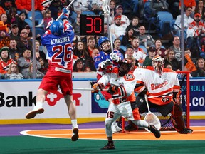 Tom Schreiber of the Rock goes for shot during Saturday night’s East final against the Bandits in Buffalo. (Sara Schmidle Photo)