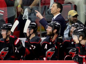 Hurricanes head coach Rod Brind'Amour looks on against the Bruins during first period NHL playoff action in Game 3 of the Eastern Conference Finals at PNC Arena in Raleigh, N.C., on Tuesday, May 14, 2019.