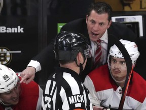Hurricanes coach Rod Brind'Amour argues a call during the third period of Game 1 of the team's Eastern Conference Finals series against the Bruins in Boston on Thursday, May 9, 2019.