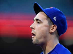 Aaron Sanchez of the Toronto Blue Jays makes his way to the dugout before the game against the Los Angeles Angels at Angel Stadium of Anaheim on May 2, 2019 in Anaheim. (Harry How/Getty Images)