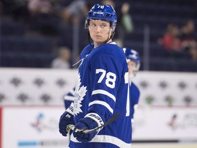 Rasmus Sandin finished with 28 points in 44 regular-season games and followed that with 10 points in 13 playoff games before the Marlies were eliminated on Sunday night by the Charlotte Checkers in the Eastern Conference final. (Graham Hughes/The Canadian Press)