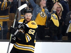 Bruins forward Sean Kuraly celebrates his third period goal against the Blues in Game 1 of the Stanley Cup Final at TD Garden in Boston on Monday, May 27, 2019.
