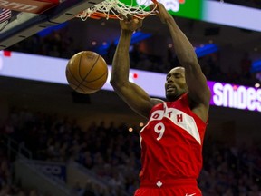 Raptors' Serge Ibaka (9) dunks the ball against the 76ers during the second quarter of Game 4 of the NBA's Eastern Conference Semifinals at the Wells Fargo Center in Philadelphia on Sunday, May 5, 2019.