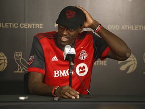 The Raptors' Pascal Siakim speaks to the media at the OVO Athletic Centre. on Monday. (Jack Boland/Toronto Sun)