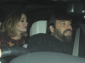 Adele and Simon Konecki are pictured leaving the Sony Music Brit Awards 2016 party held at the Arts Club, London, Feb. 25, 2016. (WENN.com)