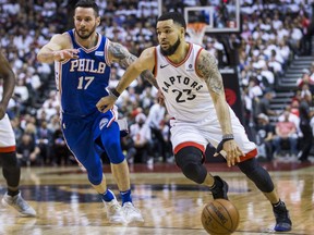 Fred VanVleet of the Toronto Raptors drives past  JJ Redick of the Philadelphia 76ers during Game 5 of an Eastern Conference semifinal playoff series at Scotiabank Arena  in Toronto, Ont. on May 7, 2019. (ERNEST DOROSZUK/Toronto Sun