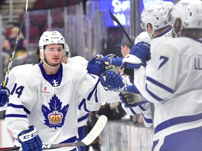 Adam Brooks of the Toronto Marlies celebrates with teammates after scoring a first-period goal against the Cleveland Monsters on May 5, 2019, in Cleveland. (JOHN SARAYA/Photo)