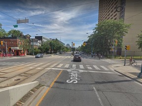 Toronto Police are looking for a group of young men and women after a man was attacked and stabbed near Spadina and Sussex Aves., just south of Bloor St. W., on Tuesday, May 21, 2019. (Google Maps image)