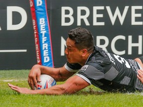 Toronto Wolfpack's Chase Stanley scores a try against Toulouse Olympique during Betfred Championship second-tier rugby league action in Blackpool, England, on May 18, 2019. THE CANADIAN PRESS/HO - Touchlinepics, Stephen Gaunt