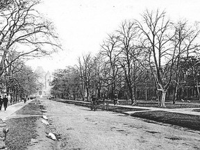 In this c1908 photo the view is looking north on a tree-lined University Ave. towards the Anderson St./University Ave./Agnes St. intersection. About a  decade later, and in an effort to assist the ever increasing flow of east-west vehicular and streetcar traffic, Anderson and Agnes were combined into one continuous cross-street that we know today as Dundas St. West.