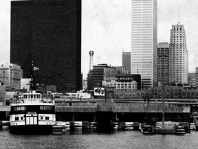 To the left in this “parade” of city skyscrapers we see two of the first towers of the Toronto-Dominion Centre (now TD Centre). To the extreme right is the still imposing Canadian Bank of Commerce (now Commerce Court North). In 1972, I. M. Pei’s creation made an exciting (and shiny) addition to the city’s list of skyscrapers with his towering Commerce Court. More skyscrapers would follow.