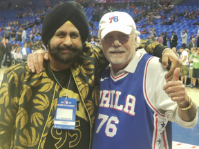 Toronto Raptors Superfan Nav Bhatia and Philadelphia 76ers Superfan Alan Horwitz, seen here at Game 6 in Philly, will battle it out as their beloved teams play Game 7 at Scotiabank Arena on Sunday, May 12, 2019. (supplied photo)