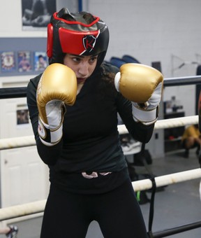 Immigration and refugee lawyer Talia Joundi, seen here during a training session at the Kingsway Boxing Club on Thursday, April 25, 2019, is one of 10 working professionals preparing to compete at the 8th annual Fight to End Cancer on June 1, 2019. (Jack Boland/Toronto Sun/Postmedia Network)