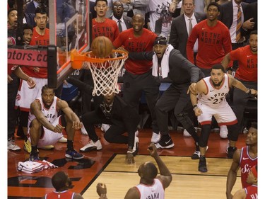 Kawhi Leonard watches as his game winning ball goes in to clinch the series in Game 7as their Raptors defeat the Philadelphia 76ers,   in Toronto, Ont. on Sunday, May 12, 2019