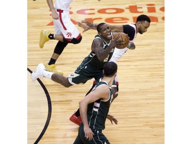 Eric Bledsoe and Norman collide in 4th quarter action in Game 3 of the Eastern Conference Finals as the Toronto Raptors go on to beat the Milwaukee Bucks,  in Toronto, Ont. on Sunday May 19, 2019. Stan Behal/Toronto Sun/Postmedia Network