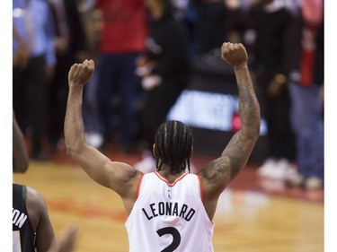 The Toronto Raptors clinch Game 6 winning the Eastern Conference Championship Trophy beating the Milwaukee Bucks,  in Toronto, Ont. on Sunday May 26, 2019. Stan Behal/Toronto Sun/Postmedia Network