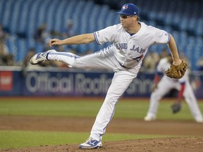 Blue Jays starting pitcher Trent Thornton throws against the Padres during the first inning of their Interleague game in Toronto on Friday, May 24, 2019.