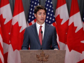 Canadian Prime Minister Justin Trudeau speaks during a joint press conference with the U.S. Vice President in Ottawa, Ont., on May 30, 2019. (Lars Hagberg/AFP/Getty Images)