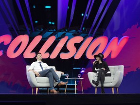 Prime Minister Justin Trudeau participates in an armchair discussion with founder and CEO of BroadbandTV Corp. Shahrfad Rafaiti at the Collision and Web Summit in Toronto on Monday, May 20, 2019.