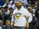 Drake is wearing a breaker high hoodie to support the Toronto Raptors as he plays against the Philadelphia 76ers at the Scotiabank Arena in Toronto on Tuesday, May 7, 2019.Ernest Droshk / Toronto Sun