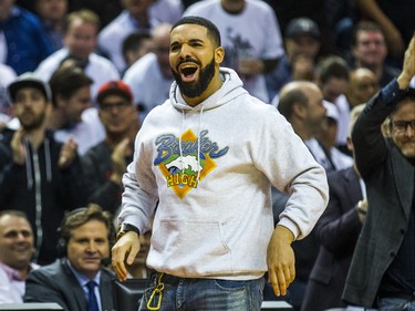 Drake cheers on the Toronto Raptors during playoff action against Philadelphia 76ers at the Scotiabank Arena  in Toronto, Ont. on Tuesday May 7, 2019. Ernest Doroszuk/Toronto Sun/Postmedia