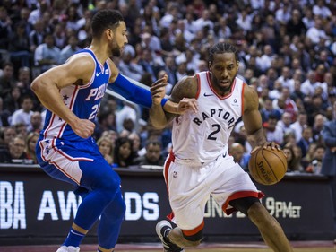 Toronto Raptors Kawhi Leonard during playoff action against Philadelphia 76ers Ben Simmons at the Scotiabank Arena  in Toronto, Ont. on Tuesday May 7, 2019. Ernest Doroszuk/Toronto Sun/Postmedia