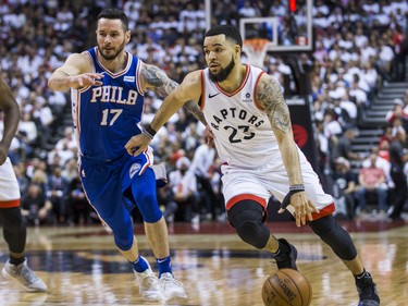 Toronto Raptors Fred VanVleet during playoff action against Philadelphia 76ers JJ Redick at the Scotiabank Arena  in Toronto, Ont. on Tuesday May 7, 2019. Ernest Doroszuk/Toronto Sun/Postmedia