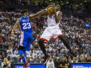 Toronto Raptors Pascal Siakam during playoff action against Philadelphia 76ers Jimmy Butler at the Scotiabank Arena  in Toronto, Ont. on Tuesday May 7, 2019. Ernest Doroszuk/Toronto Sun/Postmedia