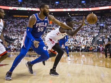 Toronto Raptors Pascal Siakam during playoff action against Philadelphia 76ers Greg Monroe at the Scotiabank Arena  in Toronto, Ont. on Tuesday May 7, 2019. Ernest Doroszuk/Toronto Sun/Postmedia