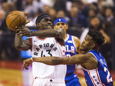 Toronto Raptors Pascal Siakam during playoff action against Philadelphia 76ers Jimmy Butler at the Scotiabank Arena  in Toronto, Ont. on Tuesday May 7, 2019. Ernest Doroszuk/Toronto Sun/Postmedia