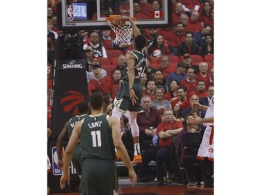 Milwaukee Bucks Giannis Antetokounmpo PF (34) slams during the first half in Toronto, Ont. on Tuesday May 21, 2019. Jack Boland/Toronto Sun/Postmedia Network