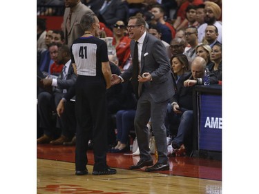Toronto Raptors head coach Nick Nurse argues with the ref during the first half in Toronto, Ont. on Tuesday May 21, 2019. Jack Boland/Toronto Sun/Postmedia Network