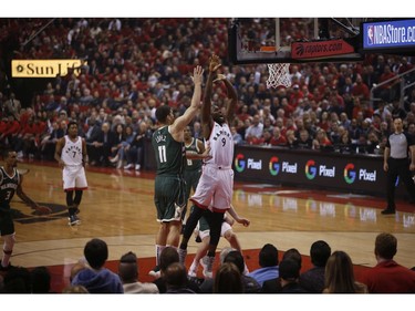 Toronto Raptors Serge Ibaka C (9) fouled during the first half in Toronto, Ont. on Tuesday May 21, 2019. Jack Boland/Toronto Sun/Postmedia Network