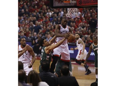 Toronto Raptors Serge Ibaka C (9) is fouled during the first half in Toronto, Ont. on Tuesday May 21, 2019. Jack Boland/Toronto Sun/Postmedia Network