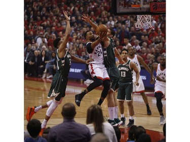 Toronto Raptors Norman Powell SF (24) going in hard for two points during the first half in Toronto, Ont. on Tuesday May 21, 2019. Jack Boland/Toronto Sun/Postmedia Network