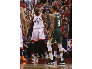 Toronto Raptors Serge Ibaka C (9) pumped after scoring during the first half in Toronto, Ont. on Tuesday May 21, 2019. Jack Boland/Toronto Sun/Postmedia Network