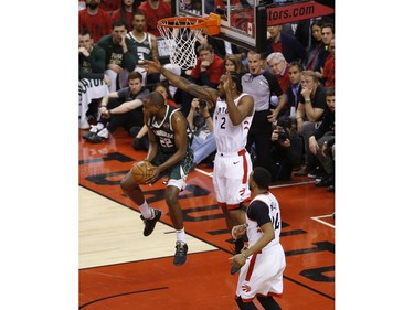 Toronto Raptors Kawhi Leonard SF (2) defends against Milwaukee Bucks Khris Middleton SF (22) during the second half in Toronto, Ont. on Tuesday May 21, 2019. Jack Boland/Toronto Sun/Postmedia Network