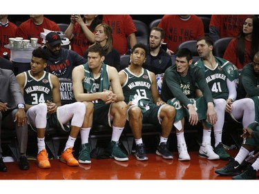 A dejected Milwaukee Bucks bench with third starting five sitting late in the fourth quarter in Toronto, Ont. on Tuesday May 21, 2019. Jack Boland/Toronto Sun/Postmedia Network