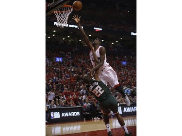 Toronto Raptors Pascal Siakam PF (43) rolls it off his fingers past Milwaukee Bucks Khris Middleton SF (22) during the second half in Toronto, Ont. on Tuesday May 21, 2019. Jack Boland/Toronto Sun/Postmedia Network