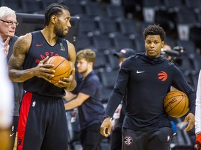 Toronto Raptors Kawhi Leonard and Kyle Lowry (right) at practice during the NBA Finals Media Day at the Scotiabank Arena in Toronto, Ont. on Wednesday May 29, 2019. Ernest Doroszuk/Toronto Sun/Postmedia