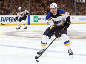 Blues centre Tyler Bozak skates with the puck against the Bruins during the second period in Game 2 of the Stanley Cup Final at TD Garden in Boston on May 29, 2019.